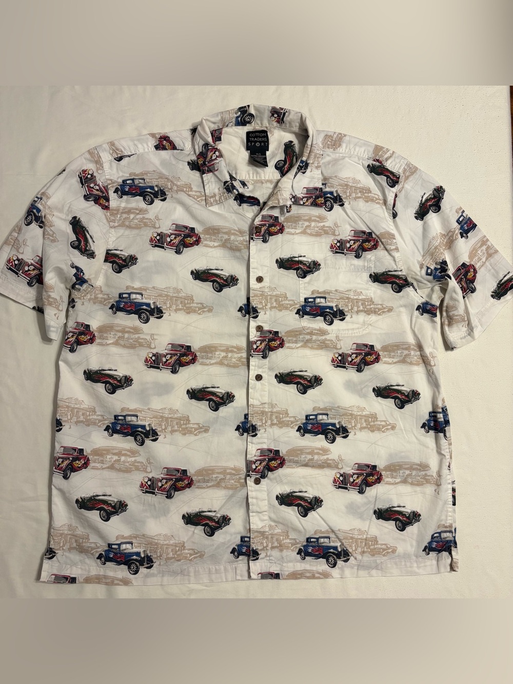 Cotton Trader Sport Short-Sleeve Button Up Shirt, "Drive In" Vintage Car Pattern